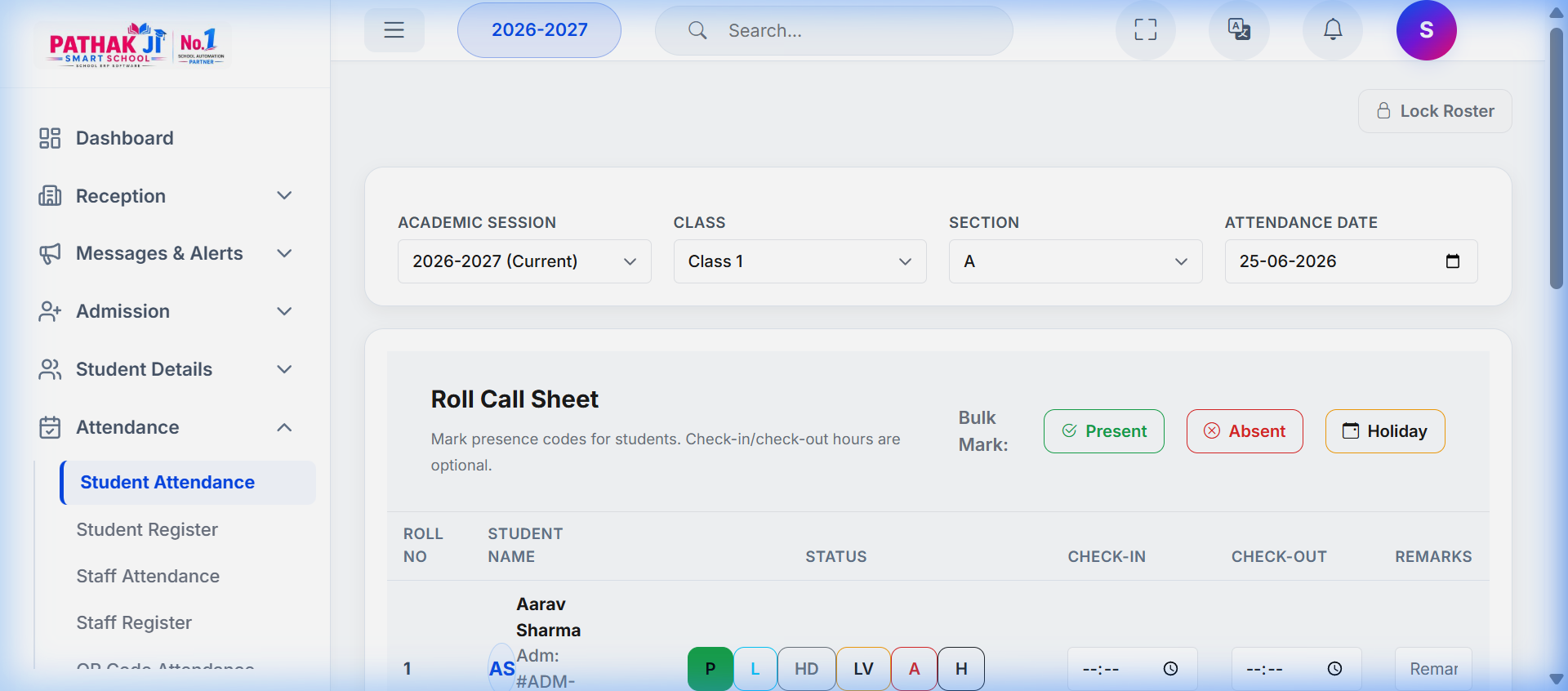 PATHAK JI Smart School ERP Attendance Screenshot