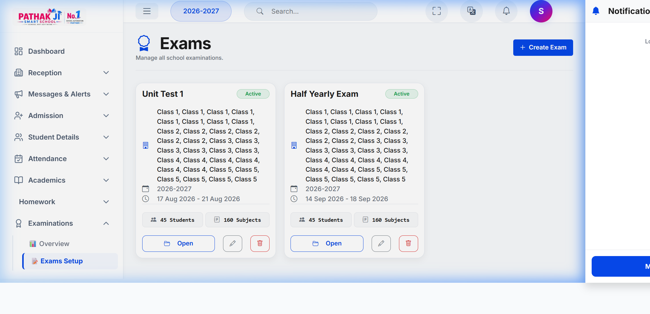 PATHAK JI Smart School ERP Examination Screenshot